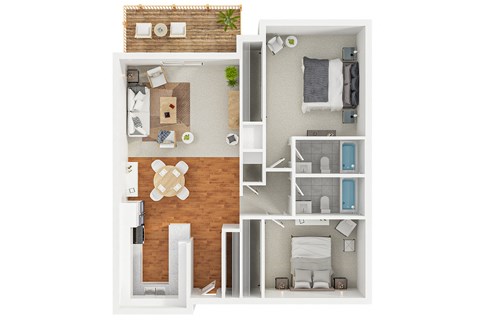 Modern 3D floor plan of a 2 bedroom 2 bath apartment with furnitures at 1245 Smithwood, Los Angeles, CA